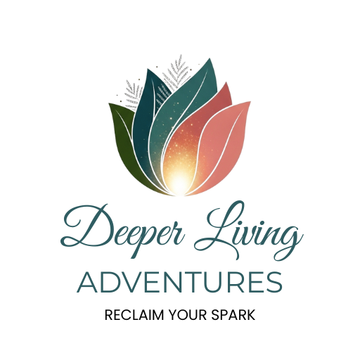 The logo for the Deeper Living Adventures brand. Five layered leaves on a clear background spread from left to right in the shape of a cupped, opening flower, in colors starting with deep forest greens and teals through a warm clay rose. A soft bright glow is at the center base of the leaves, sparking upward. Light lacy charcoal grey lines create two other leaves gently pushing out of the image near the top, between leaves one and two, and leaves two and three. The words "Deeper Living" are a deep teal color in a modern script on one line beneath the image and "Adventures" is in a clean serif font beneath that, also in deep teal. Beneath that, the words "Reclaim Your Spark" are written in charcoal grey. The image evokes feelings of warmth, depth, growth, and light.