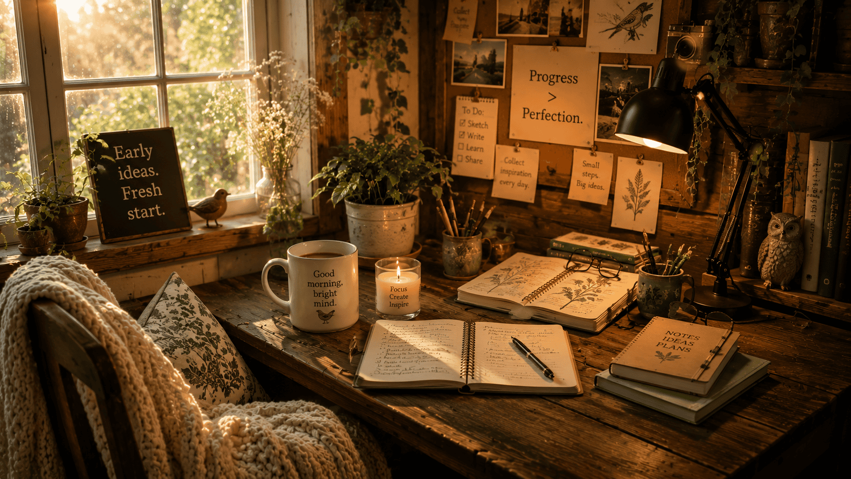 Cozy workspace with plants, candles, and notebooks on a wooden desk for restful productivity.