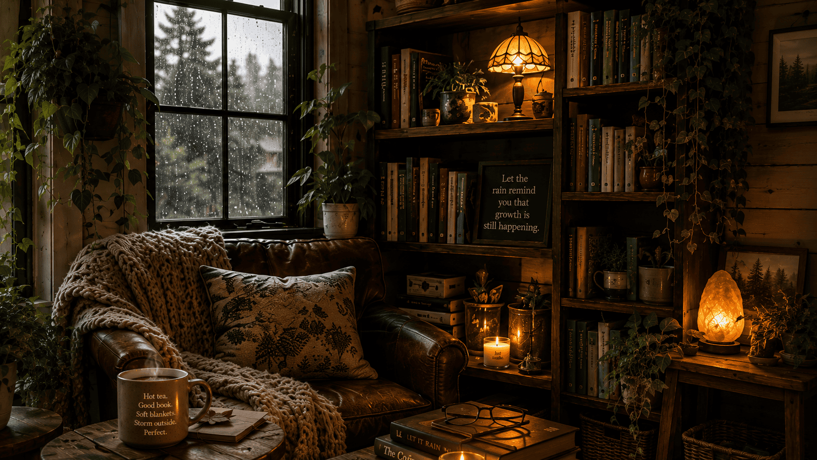 A comfortable corner with a leather armchair, soft blanket, and warm lamps, surrounded by books and.