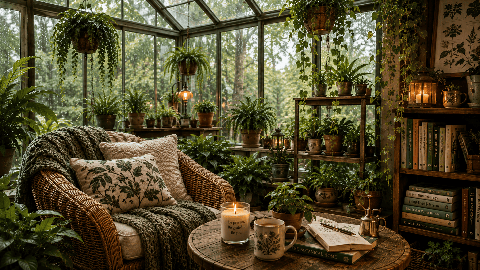A sunlit greenhouse filled with various potted plants, cozy seating, and warm lighting creating a pe.