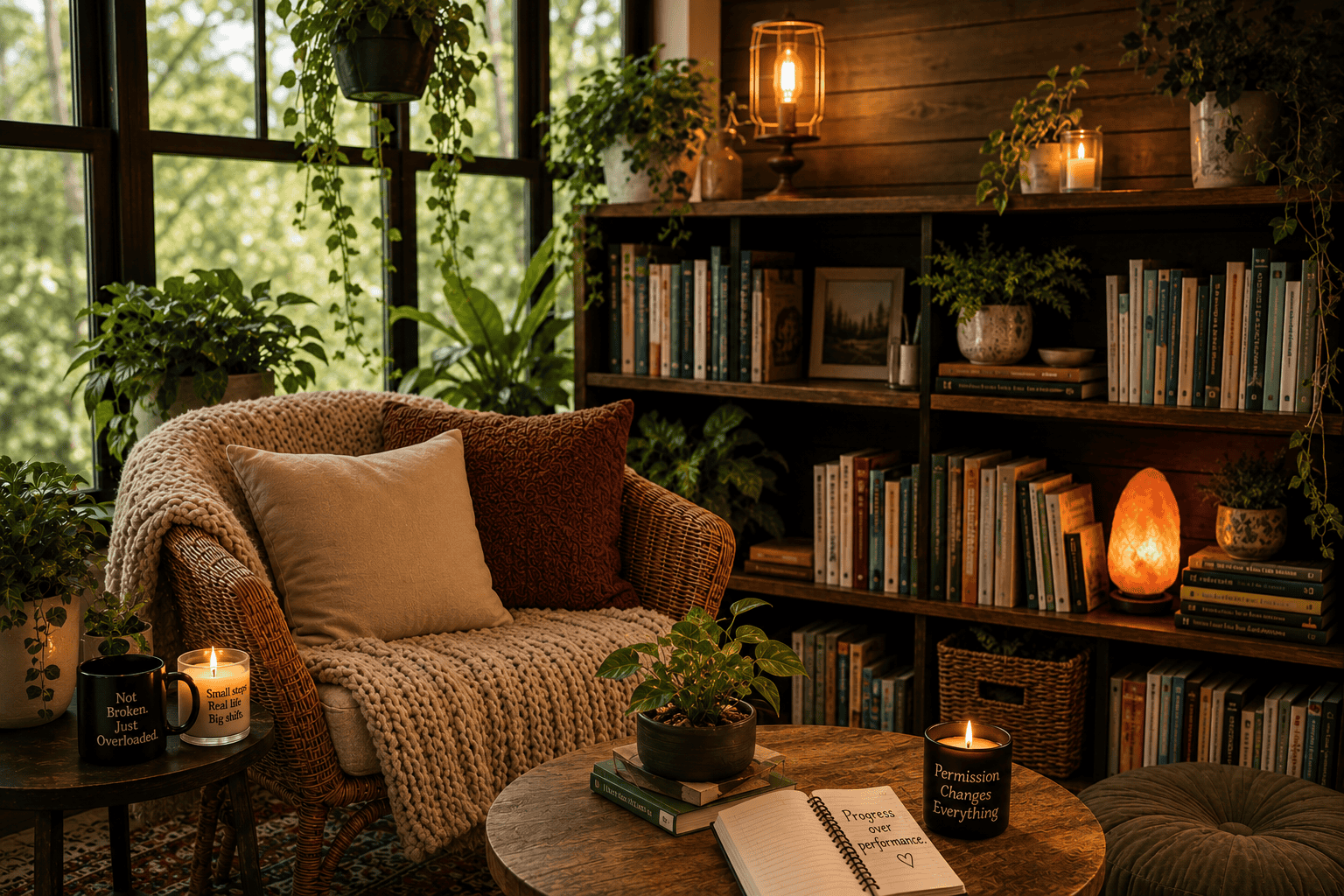 A comfortable armchair with pillows, surrounded by bookshelves, candles, and plants in a warm, invit.