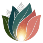 Gentle glowing abstract flower with pastel leaves and sparkles, warm and calming aesthetic.